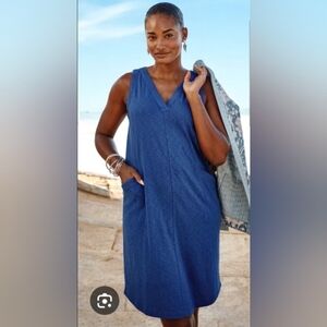 J. Jill XS Blue Tencel Cotton Blend Midi Dress with V-Neck Pockets